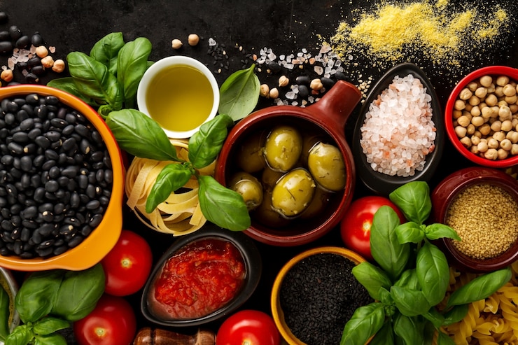 Free Photo food background food concept with various tasty fresh ingredients for cooking. italian food ingredients. view from above with copy space.