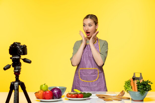 Food blogger cute healthy chef recording video for social media excited with open mouth