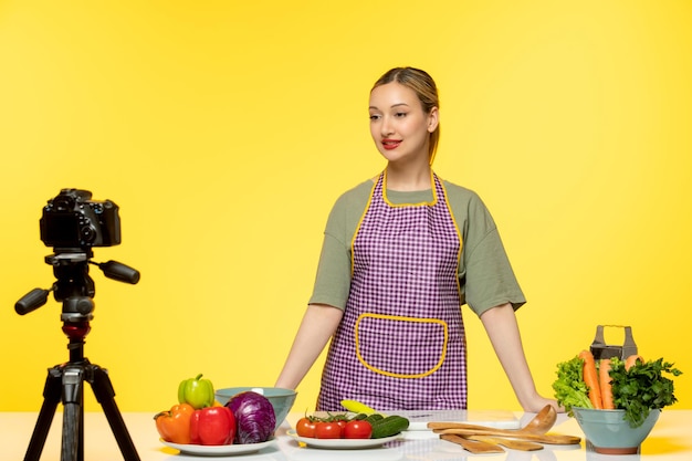 Food blogger cute healthy chef recording video for social media looking into camera