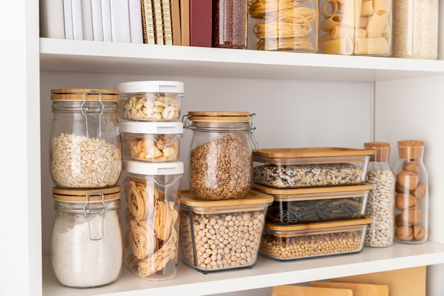 Food containers on shelves assortment