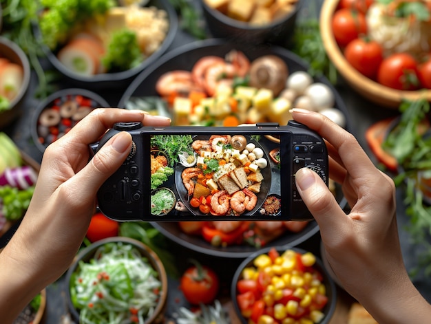 Foto gratuita creatore di contenuti alimentari che filma una varietà di piatti da caricare su internet