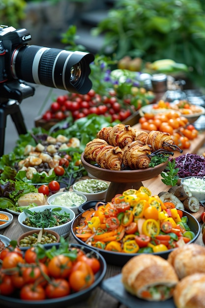 Foto gratuita food content creator filming variety of dishes to upload on the internet