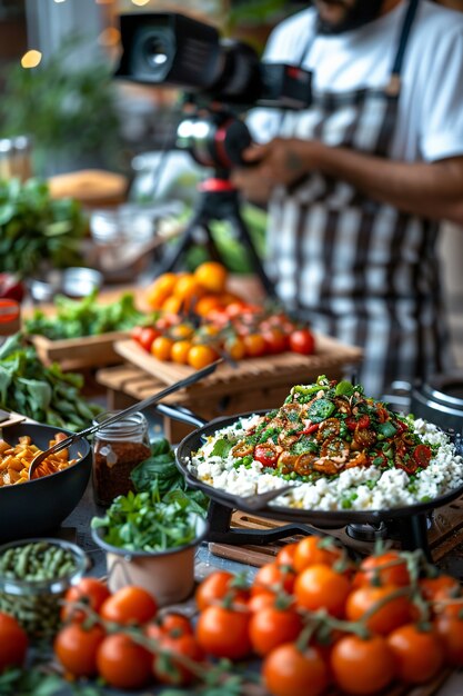 Foto gratuita creatore di contenuti alimentari che filma una varietà di piatti da caricare su internet