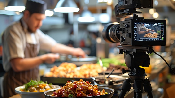 Free Photo food content creator filming variety of dishes to upload on the internet