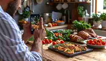 Free photo food content creator filming variety of dishes to upload on the internet