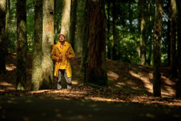 The food delivery man runs through the forest