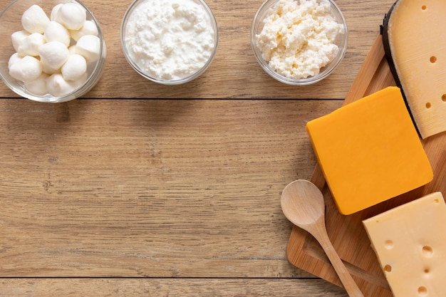 Food frame with wooden background