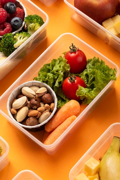 Food lunch boxes arrangement flat lay