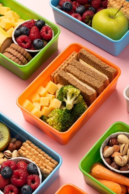 Food lunch boxes arrangement high angle