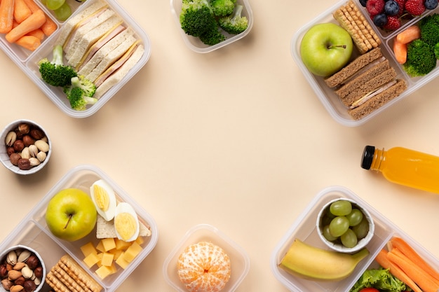 Food lunch boxes arrangement with copy space