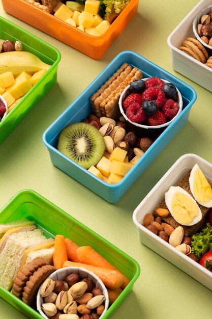 Food lunch boxes assortment high angle