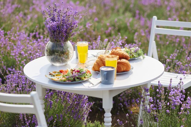 Food served on table in lavender field