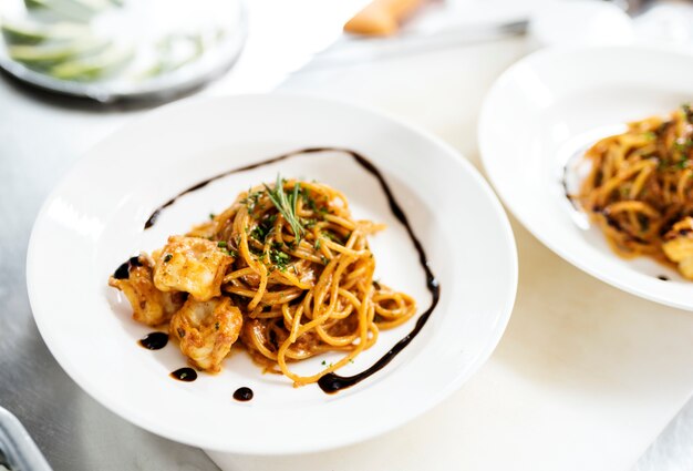 Food styling spaghetti plate closeup