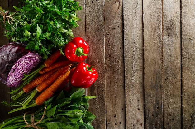 Food Vegetable Colorful Background. Tasty Fresh Vegetables on Wooden Table. Top View with Copy Space.