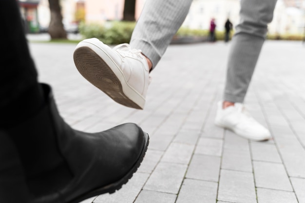 Foot bump alternative greetings close-up