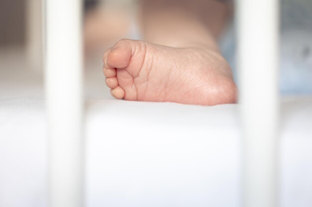 Free photo foot of a newborn baby in bed macro shot