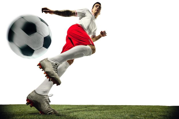 Футбол или футболист на белом фоне концепции деятельности действий движения
