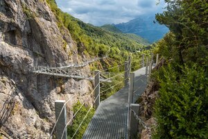 ピレネー山脈のウエスカにあるパンティコサの町の山にある金属製の歩道橋の歩道