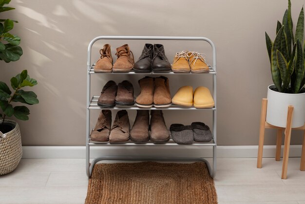 footwear stacked in shoe rack indoors