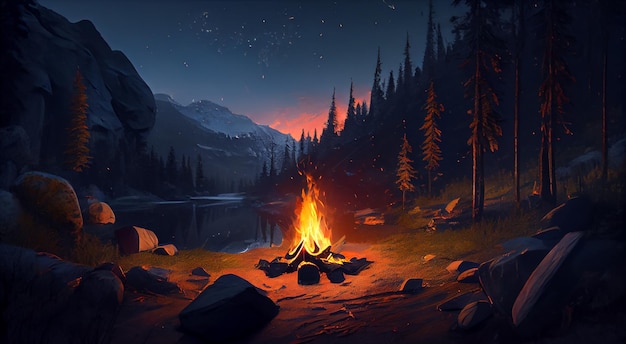 AIが生成する自然の美しさを照らす夜の炎の森のキャンプファイヤー