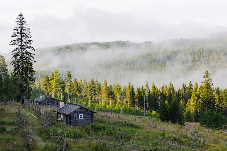 Free Photo forest covered with fog and a single house in sweden