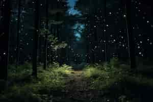 Free photo a forest full of bright fireflies at night