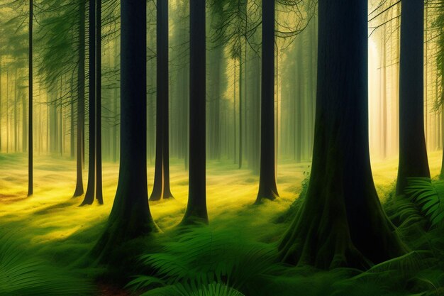 A forest scene with a green forest and a sun shining through the trees.