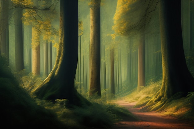 A forest scene with a path that has trees and the sun shining on it.