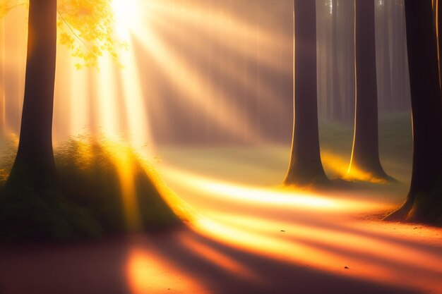 A forest scene with a sun shining through the trees.