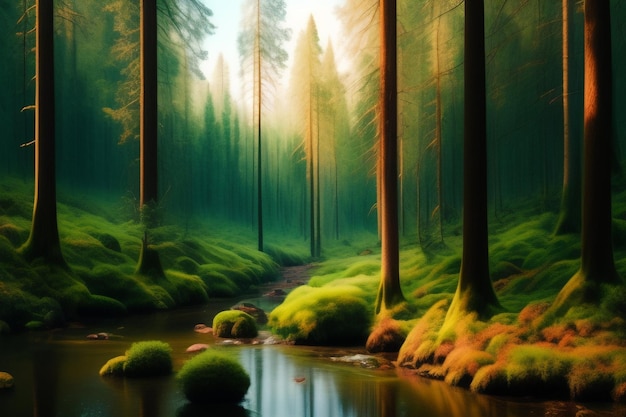 緑の木々 と小川を背景にした森