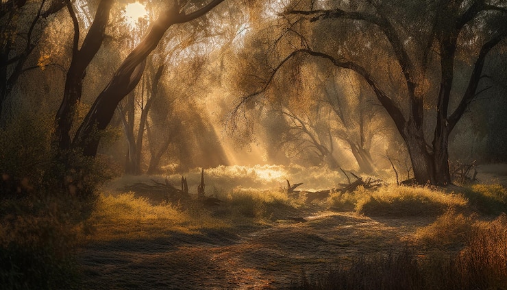 Free Photo a forest with the sun shining through the trees