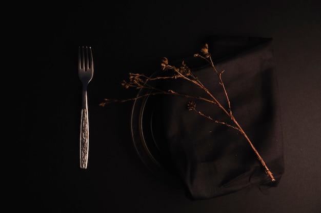 Fork near plate with twig