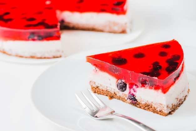 Fork and slice of cake on white plate