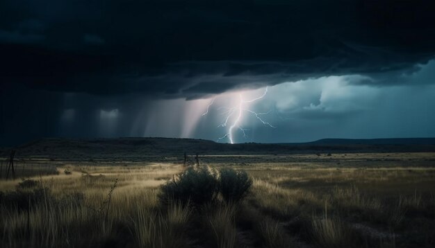 Forked lightning illuminating moody mountain landscape beauty generated by AI