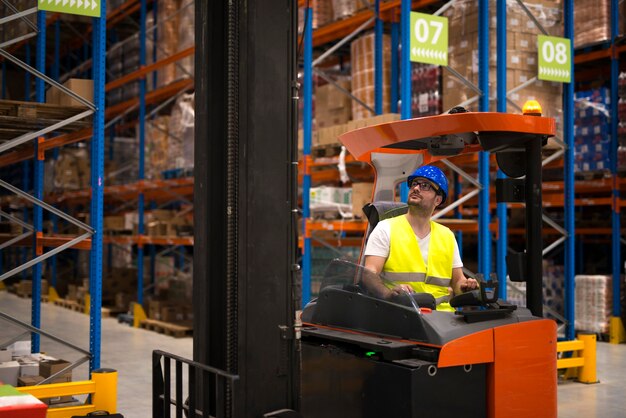 Forklift driver relocating and lifting goods in large warehouse center