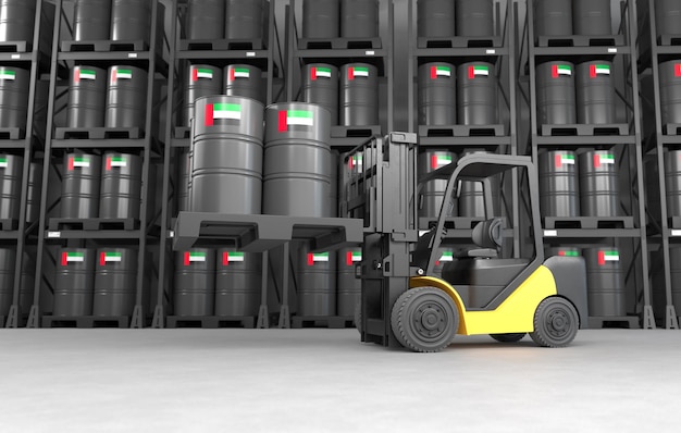 Free photo a forklift is lifting oil barrels made in the united arab emirates in a warehouse