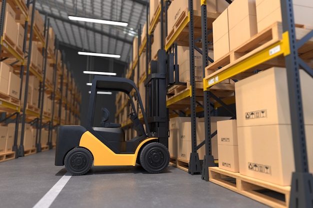 Free photo forklift is lifting a wooden pallet in a warehouse
