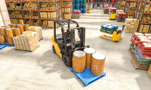 Forklift that transports barrels inside a warehouse full of goods. 3d render.