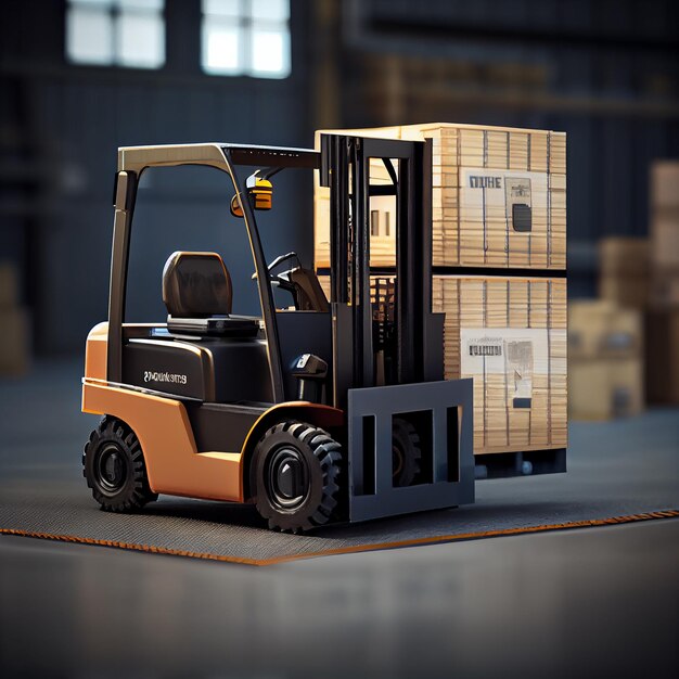 Forklift transporting cargo container in industrial warehouse generative AI