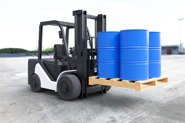 the forklift truck is lifting oil barrels