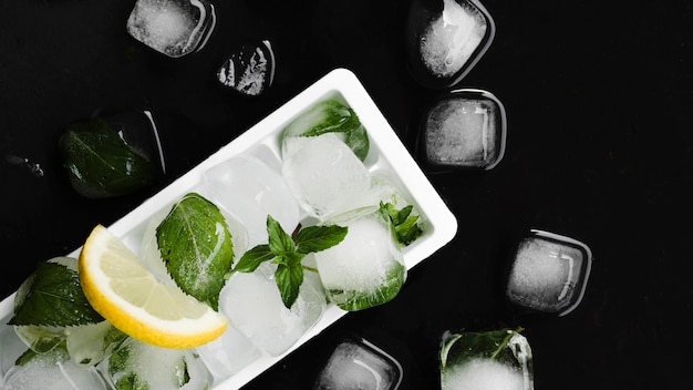 Form for ice, ice cubes and lemon slice