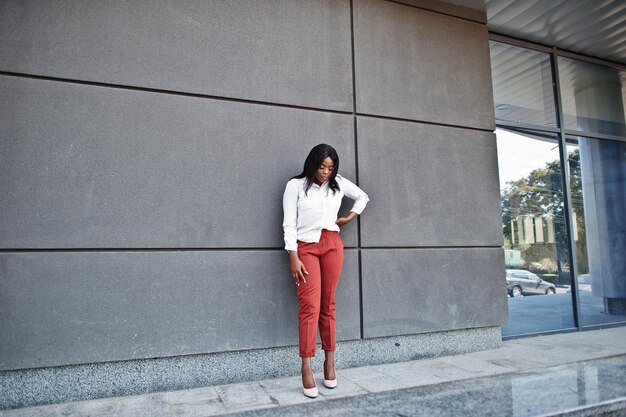 흰 블라우스와 빨간 바지를 입은 공식적으로 옷을 입은 아프리카계 미국인 비즈니스 여성 성공적인 짙은 피부의 사업가