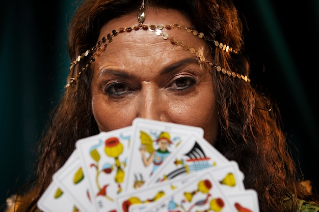 Free photo fortune teller holding cards front view