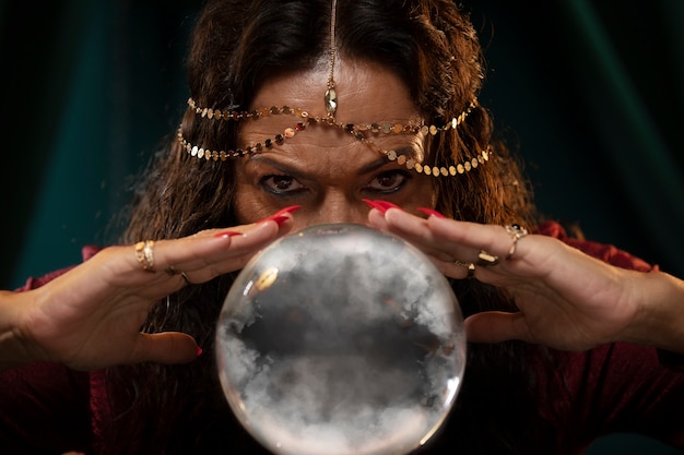Free photo fortune teller with crystal globe front view