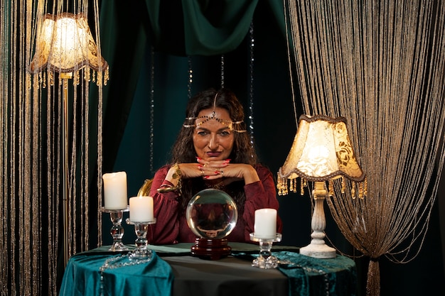 Free photo fortune teller with crystal globe medium shot