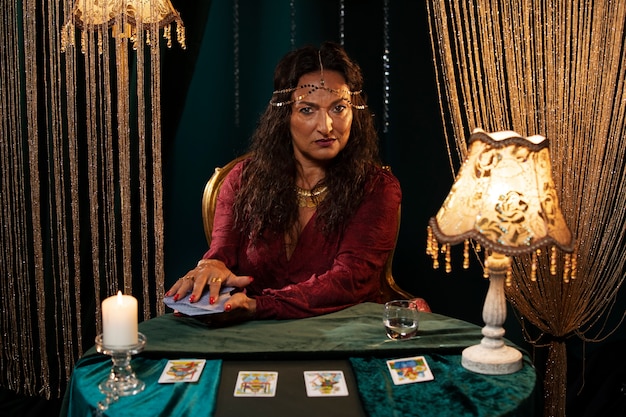 Free photo fortune teller with tarot cards medium shot