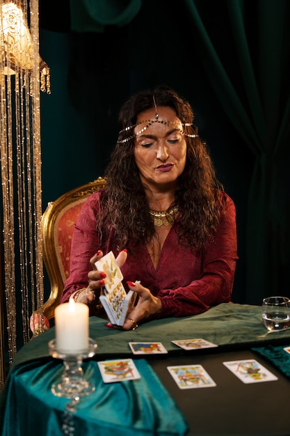 Free photo fortune teller with tarot cards medium shot