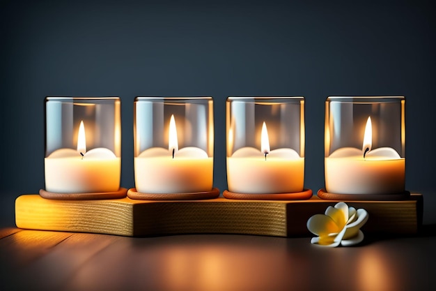 Four lit candles are lit in a row with a flower on the bottom