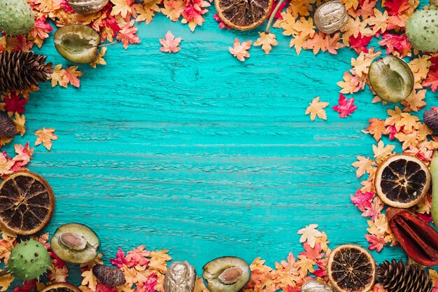 Frame autumn background with leaves and organic food