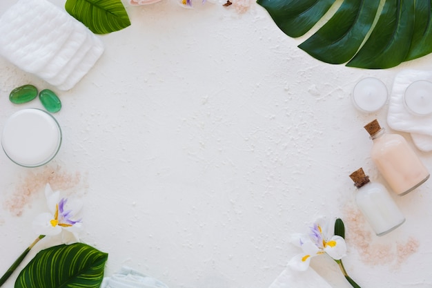 Frame of bath products on white background